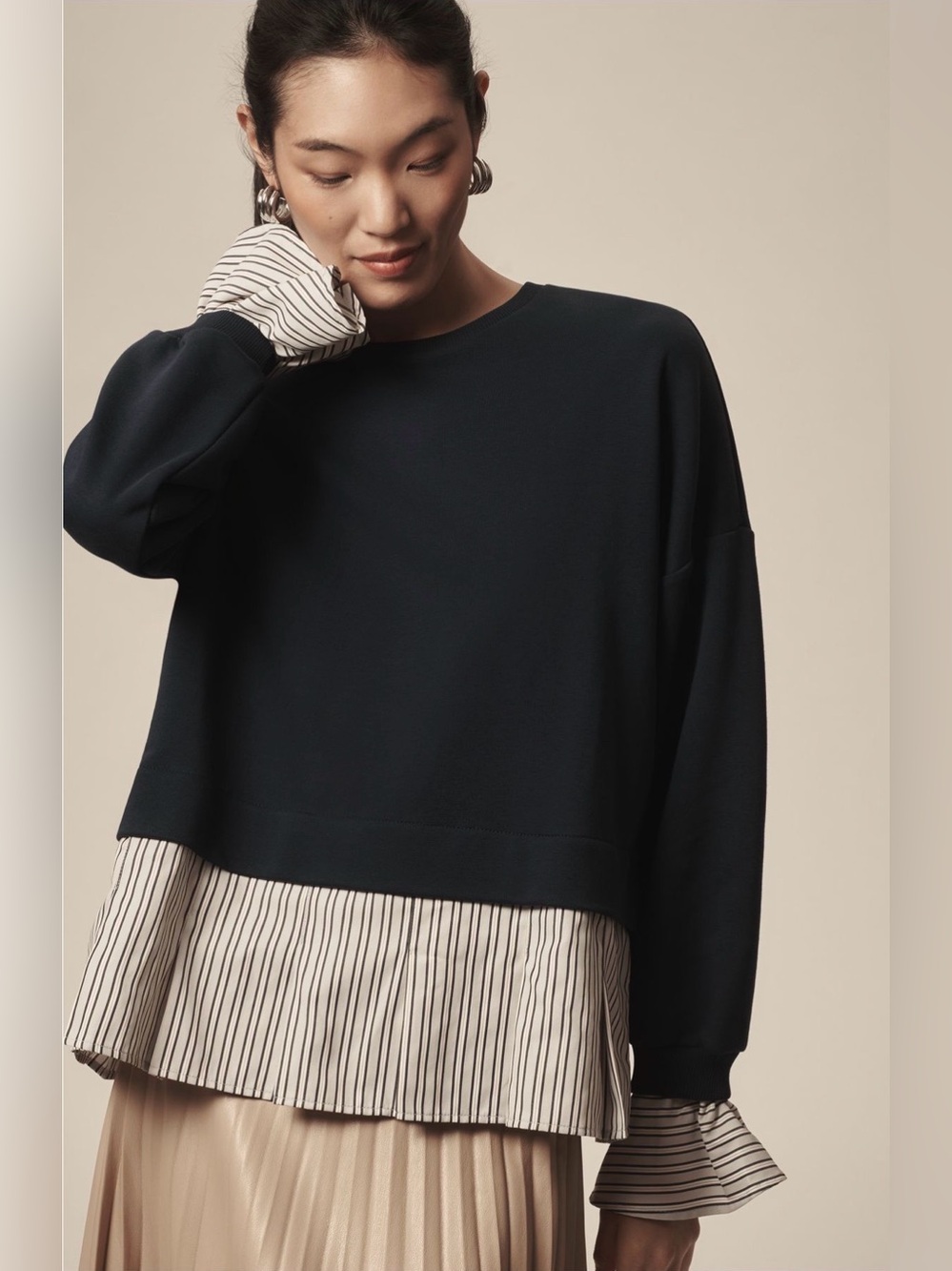 Anthropologie Maeve Striped Trim Twofer Sweatshirt in Navy Blue, NEW!